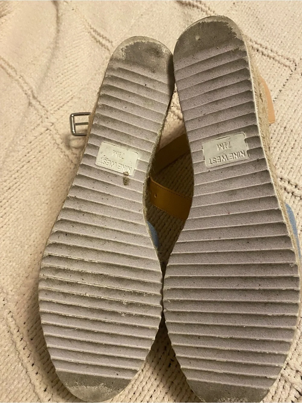 Nine West Light Blue Canvas and Tan Espadrille Wedge Sandals